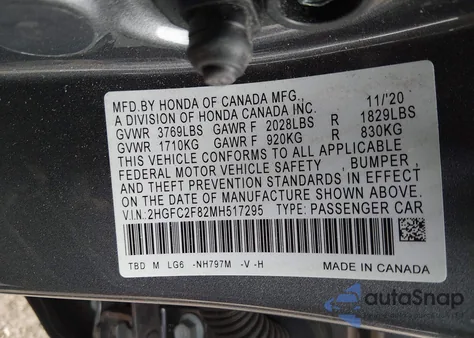 2021 Honda Civic Sport z USA, uszkodzony, nr VIN 2HGFC2F82MH517295